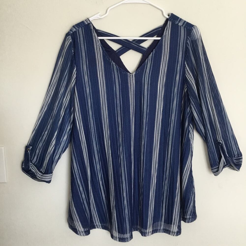 Roz & Ali Blue n White Striped 3/4-length sleeves lined Tunic Blouse Sz 1XL